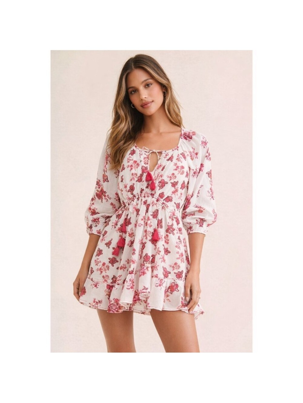 Free People White Mini Dress with Pink Floral Print